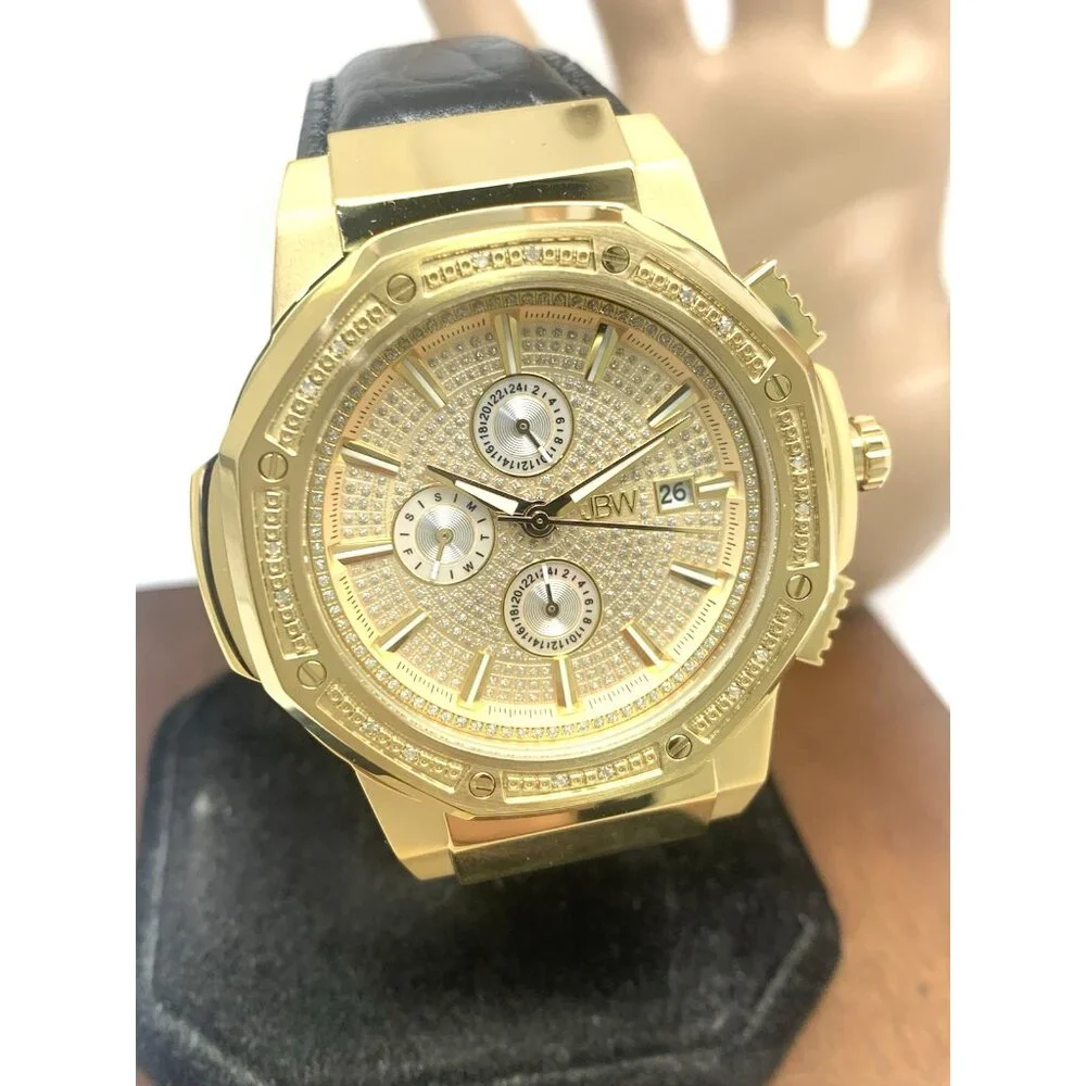 JBW Men's Watch JB-6101L-10A Saxon Diamond Quartz Gold Black Leather Band 48mm